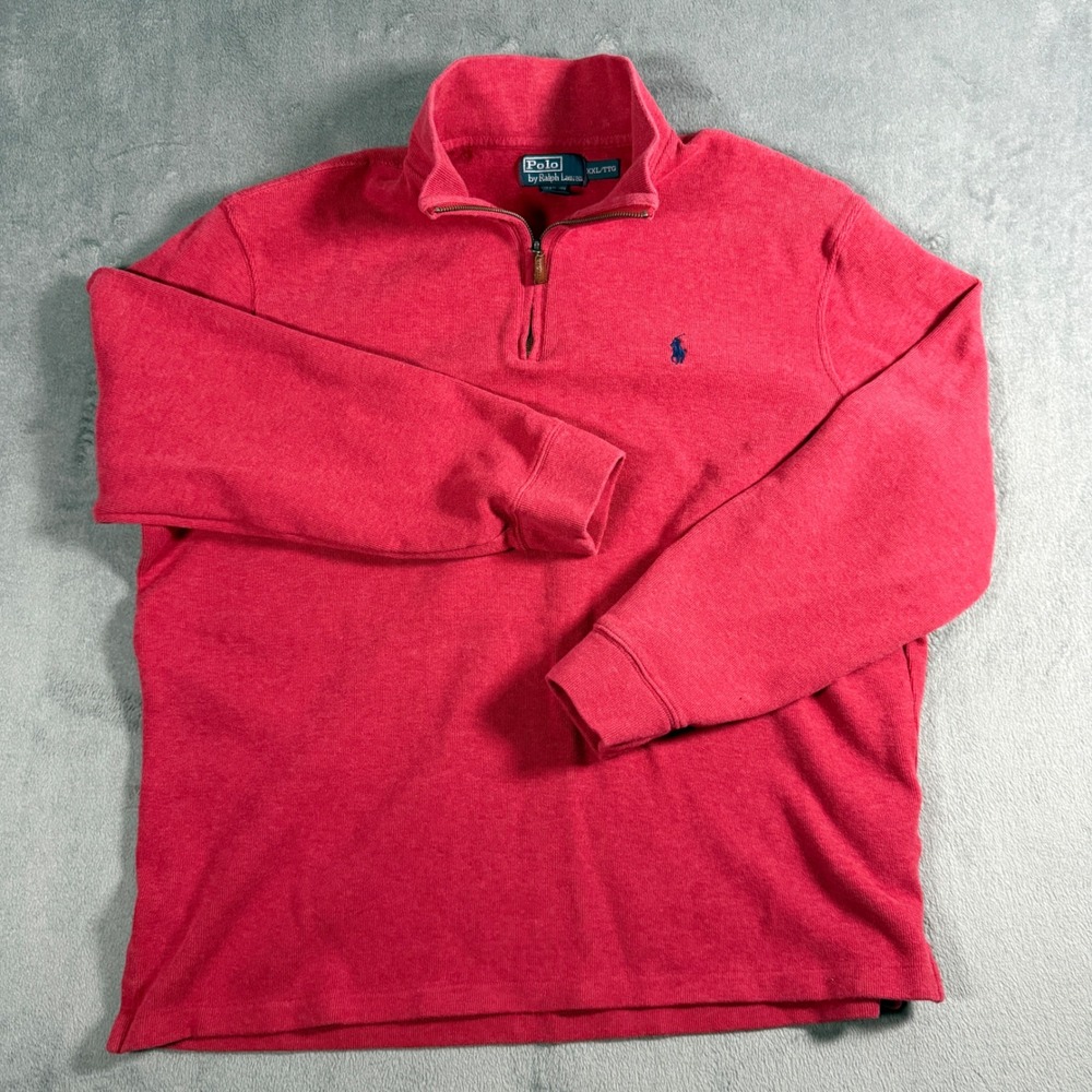 Vtg Polo Ralph Lauren Quarter Zip Pullover XXL Red Cotton Knit Sweater Pony Logo